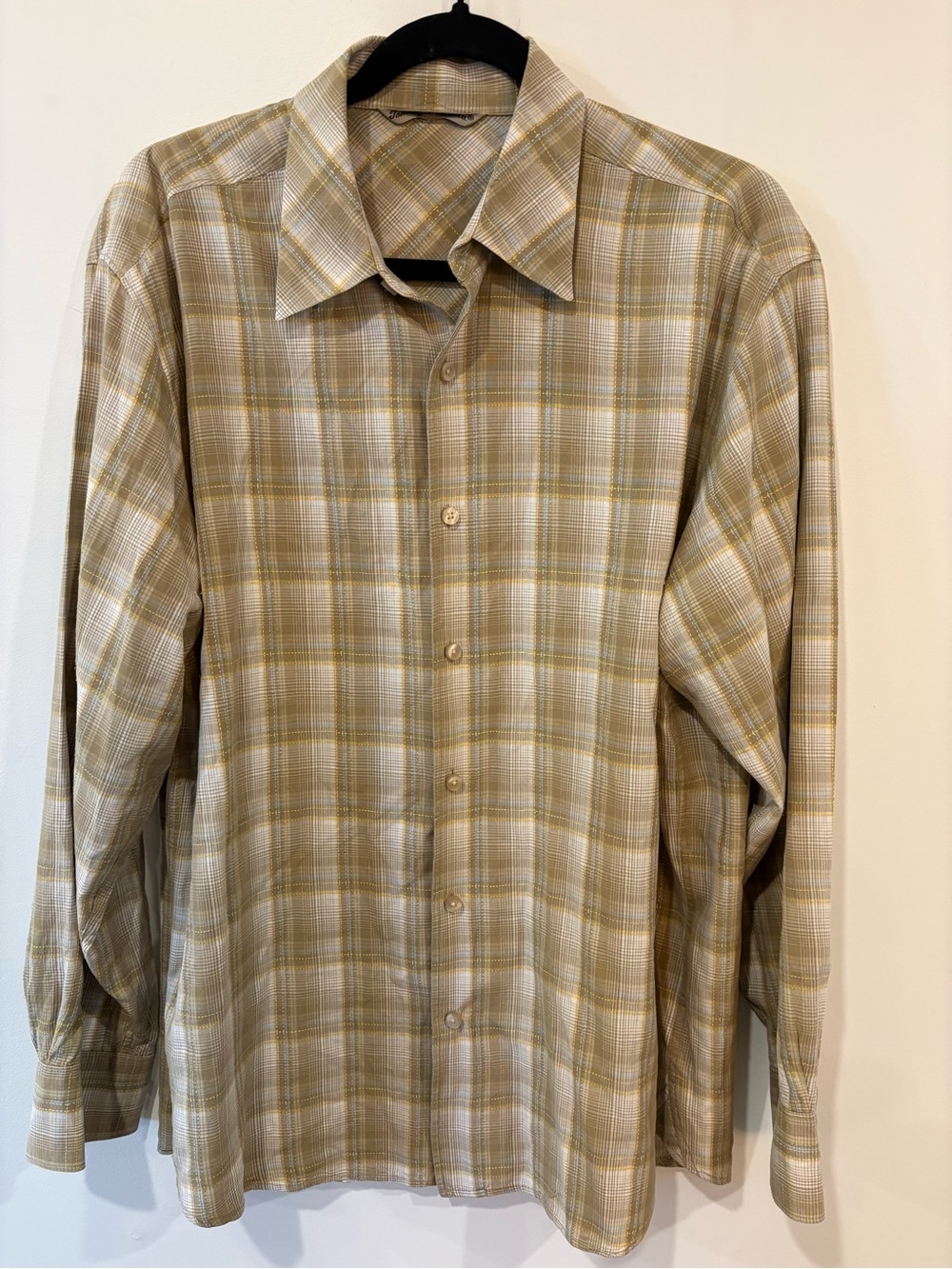 Tommy Bahama Beige and Olive Plaid Button-Down Shirt 80% Silk